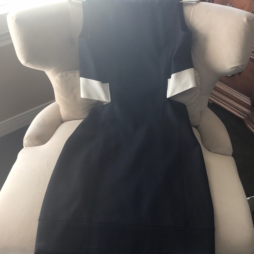 Wool navy dress mid cutout  leather trim